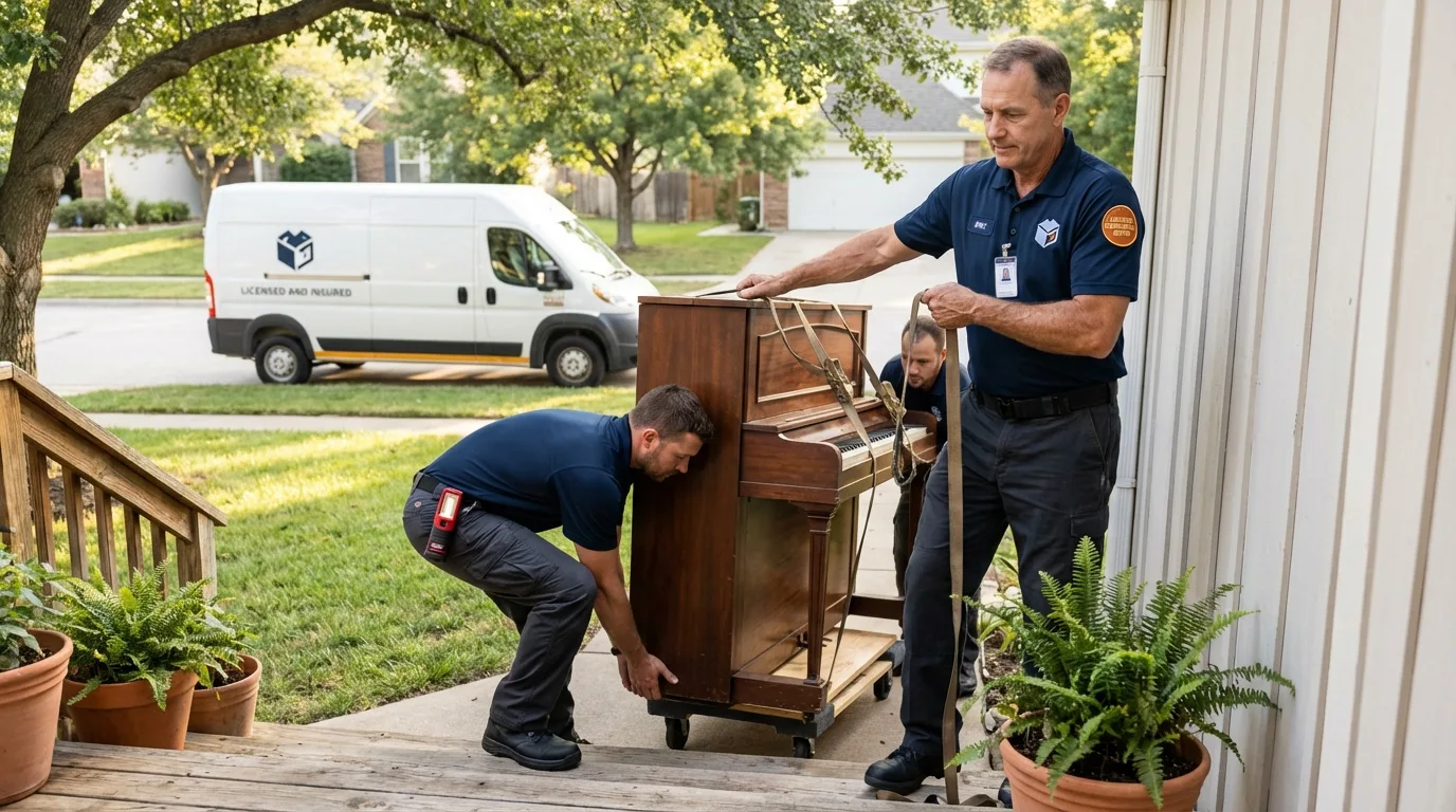 Licensed piano movers securing grand piano in Ringgold, LA